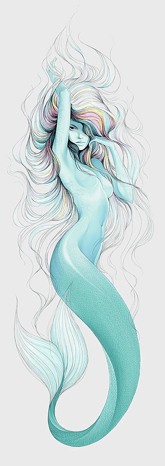 Mermaid illustration, teal-haired mermaid, mermaid tail cartoon, finger moustache tattoo, mythical sea creature, aquatic fantasy art, hand-drawn mermaid