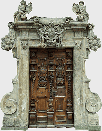 ancient wooden door, medieval stone carving, historic city gate, antique architectural facade, ornate stone entrance, elaborate door design, historic monument entrance