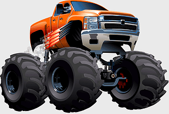 cartoon monster truck, orange pickup truck, large car tires, racing vehicle, off-road vehicle, animated truck illustration, oversized wheels design