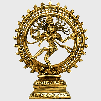 Shiva Nataraja figurine, gold-colored Hindu deity, lord Shiva dance statue, antique metal sculpture, divine cosmic dance, spiritual art icon, traditional Indian craftsmanship