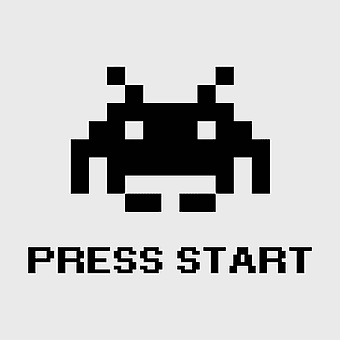 Space Invaders 8-bit icons, retro gaming logo, extraterrestrial life symbols, arcade game startup, pixel art design, vintage video game elements, classic gaming