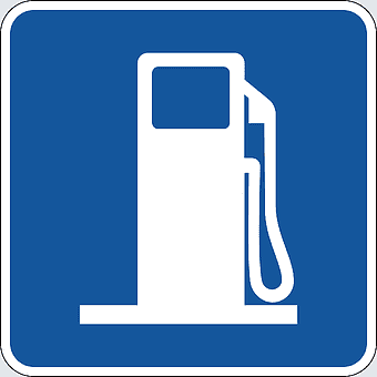 gas station sign, fuel pump icon, blue traffic symbol, gasoline station marker, vehicle refueling point, road service indicator, energy supply location