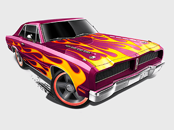 red muscle car, Hot Wheels toy car, custom car design, automotive exterior, flame paint job, car illustration, vintage car art