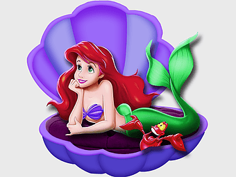 sirenita ariel, mermaid character, purple seashell, green tail, underwater fantasy, cartoon princess, sea creature, png