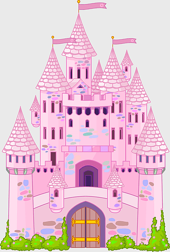 pink castle illustration, medieval princess castle, cartoon fairy tale castle, disney-style castle, fantasy castle art, whimsical castle design, enchanted castle facade