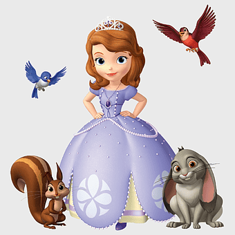 Sofia the First Princess Cartoon, Disney Junior Sofia Doll, Princess Sofia of The First in Purple Dress, Sofia The First Fantasy Figure, Enchanted Cartoon Princess, Magical Fairy Tale Character, Cartoon Princess with Animals Surrounding