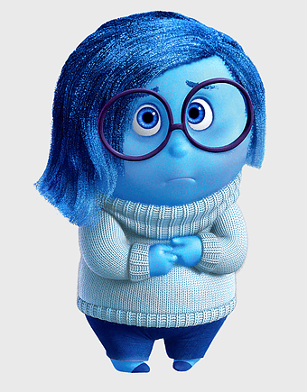 Sadness Inside Out, blue emotion character, Pixar film character, glasses-wearing plush, emotional toy figure, animated feelings representation, character from Disney movie, cartoon character analysis