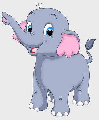 gray elephant illustration, cute baby elephant cartoon, pink-eared elephant art, little elephant design, adorable elephant character, playful elephant graphic, whimsical elephant drawing