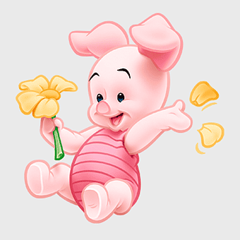 Piglet Winnie-the-Pooh, cartoon baby toys, pink pig-like mammal, stuffed toy character, infant piglet holding flower, adorable piglet illustration, classic Disney character art