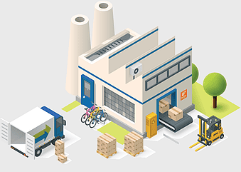 factory building, manufacturing process, cow cartoon illustration, assembly line production, industrial facility, logistics operations, warehouse management