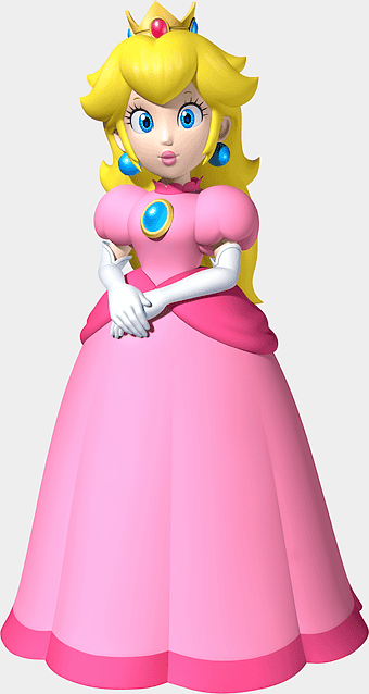 Princess Peach Super Mario Bros., cartoon princess character, pink dress figurine, Super Princess Peach game, royal crown accessory, fantasy video game art, princess costume design