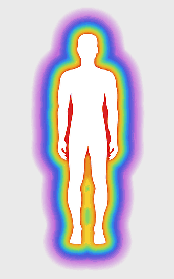 human aura illustration, chakra energy visualization, reiki healing art, third eye aura depiction, spiritual body energy, metaphysical human figure, aura therapy concept