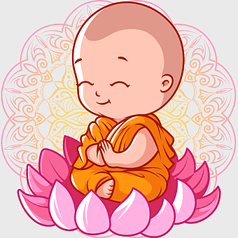 baby Buddha cartoon, pink lotus flower illustration, children's Buddhism character, Gautama Buddha meditation, spiritual enlightenment art, mindful peace, cultural heritage depiction
