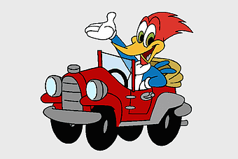 Woody Woodpecker driving car, cartoon character vehicle, animated woodpecker in car, classic cartoon transport, vintage cartoon car, fun cartoon ride, playful animated vehicle
