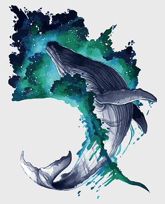 blue whale watercolor painting, marine mammal illustration, whale cartoon art, watercolor whale design, aquatic creature artwork, oceanic life depiction, sea creature sketch