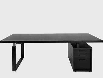 black wooden desk, office writing desk, solid wood furniture, chest of drawers, modern office table, workspace organization, desk storage solutions