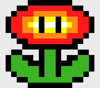 Super Mario flower pixel art, Mario Series 8bit flower, red and yellow power-up sprite, pixel art video game flower, retro gaming art, classic game characters, pixelated cartoon symbols