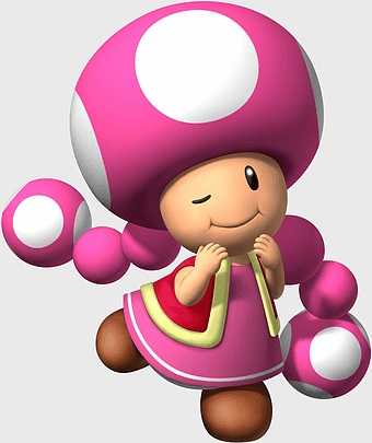 pink mushroom character, Super Mario Bros. art, Princess Peach gaming, Mario Party 8 toadette, cartoon mushroom character, video game character design, magenta mushroom figure