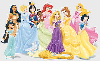 Disney Princess group, Belle in yellow gown, Princess Aurora in pink dress, Rapunzel with long blonde hair, magical fairy tale characters, enchanted princesses collection, royal fantasy illustrations, whimsical Disney heroines