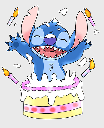 Stitch birthday illustration, Lilo Pelekai birthday drawing, Stitch and cake, Lilo and Stitch artwork, cartoon character celebration, festive animation art, happy birthday cake scene