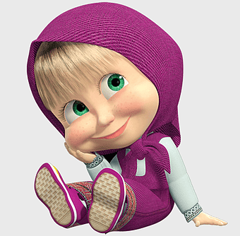 Masha illustration, Masha and the Bear, purple hoodie, green eyes, cartoon character, children's animation, playful toddler