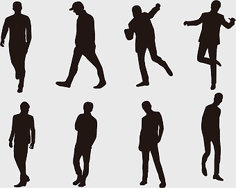 silhouette figures, people walking silhouettes, man silhouette poses, black and white silhouette art, human shadow illustrations, standing figure silhouettes, dynamic pose silhouettes
