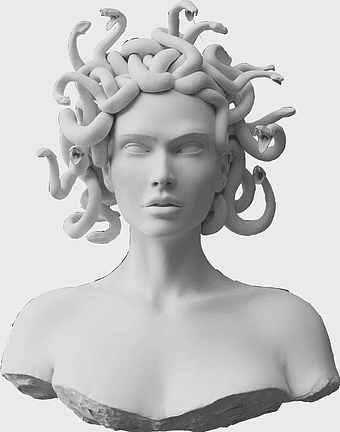white concrete Medusa bust, Foamo Medusa Gorgon City sculpture, monochrome Greek Mythology art, black and white Medusa figurine, classical Medusa statue, mythical serpent hair sculpture, monochromatic Gorgon headbust