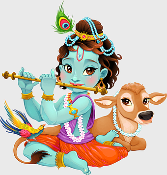 Bala Krishna cartoon, sacred cow Hinduism, deity with flute, Hindu mythology illustration, divine child art, spiritual animal figure, cultural religious iconography