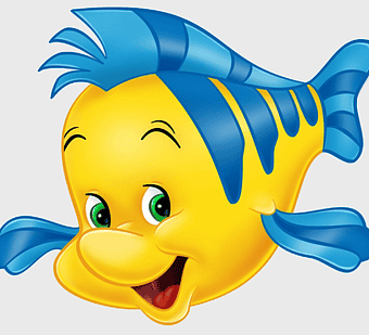 yellow fish illustration, Ariel's friend Flounder, cartoon marine life, smiley fish character, underwater adventure, friendly sea creature, animated ocean friend