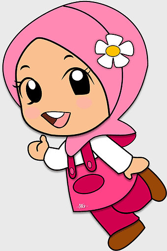 Muslim child cartoon, pink hijab girl illustration, happy Islamic child, flower headdress girl, cheerful cartoon character, religious art depiction, young girl animation