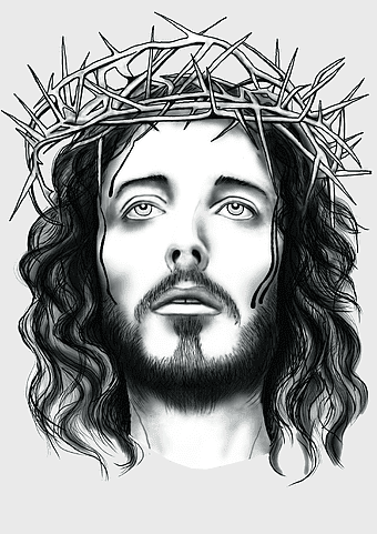 Holy Face of Jesus, monochrome Jesus portrait, crown of thorns drawing, black and white Jesus art, religious iconography, spiritual artwork, sacred