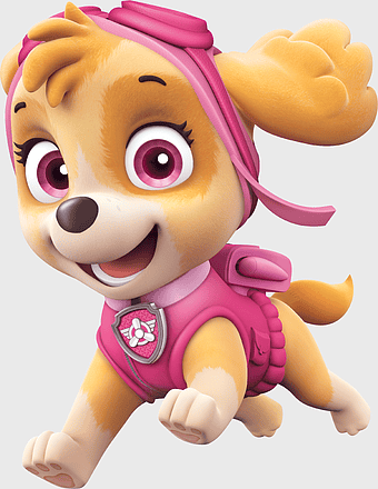 Paw Patrol Skye, Cockapoo Puppy, birthday party, purple toy, animated character, children's entertainment, cartoon dog, festive celebration