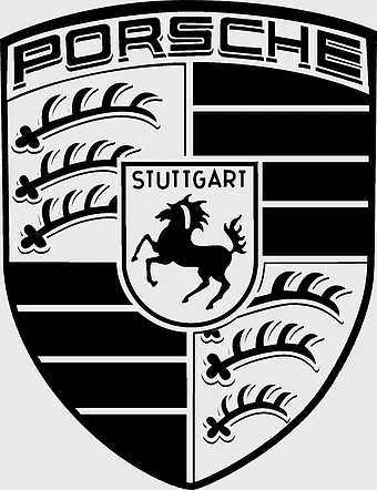 Porsche 911 emblem, Porsche Cayenne logo, monochrome car design, Porsche Macan decal, luxury sports car branding, iconic automotive symbols, high-performance vehicle logos