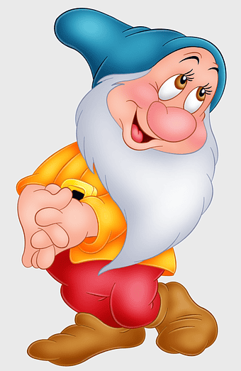 Snow White Seven Dwarfs, cartoon dwarf character, Walt Disney Company animation, thumb presentation, whimsical fantasy art, classic fairy tale figure, animated character design