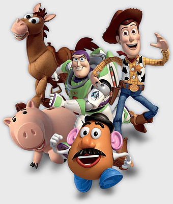 Toy Story characters illustration, Sheriff Woody and Buzz Lightyear, Pixar cartoon characters, wall decal toy story, animated toy figures, classic Disney toys, playful cartoon mascots