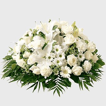 white funeral flower arrangement, sympathy wreath cushion, cremation floral design, mourning rose bouquet, elegant white floral tribute, serene white flower display, peaceful white flower composition