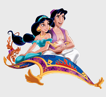 Aladdin and Jasmine on magic carpet, Disney Princess Jasmine, Aladdin magic carpet ride, Iago parrot character, Arabian fairy tale characters, enchanted flying carpet, magical adventure scene