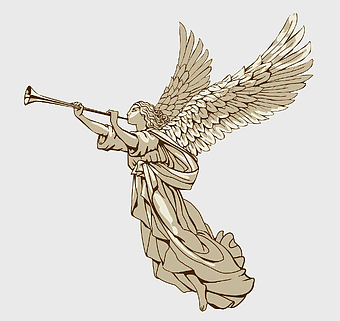 Trumpet Angel illustration, angel wings, Christmas Angel, fantasy art, divine messenger, celestial being, artistic sculpture