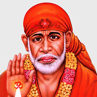 Sai Baba of Shirdi illustration, Sai Mangalya Aarti Bhajan, Shirdi saint with beard, high-definition Sai Baba image, spiritual leader portrait, divine blessing gesture, sacred flower garland