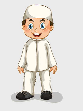 Islamic boy cartoon, Muslim child illustration, Ramadan character, Islamic man silhouette, Eid celebration, religious attire, cultural tradition