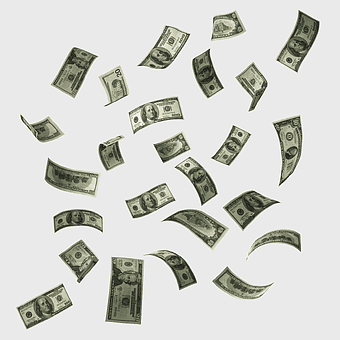 Flying US dollars, falling money banknotes, U.S. dollar cash, money, financial windfall, wealth symbol, currency rain