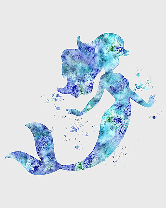 Ariel watercolor mermaid, blue mermaid silhouette, fantasy mermaid art, watercolor painting print, ocean-themed artwork, aquatic fairy tale illustration, enchanting mermaid design