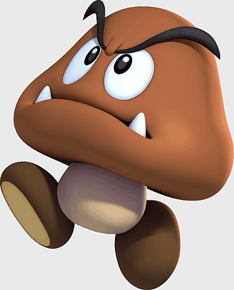 potato 3D character, Super Mario Bros. enemy, cartoon snout, Nintendo gaming, mushroom creature, Mario series villain, video game character design