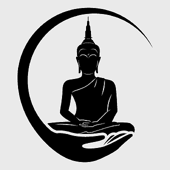 Buddha silhouette meditation, Gautama Buddha in lotus position, Bodhi Tree Buddhahood, Buddha Tattoo design, spiritual enlightenment icon, serene meditation art, black and white spiritual figure