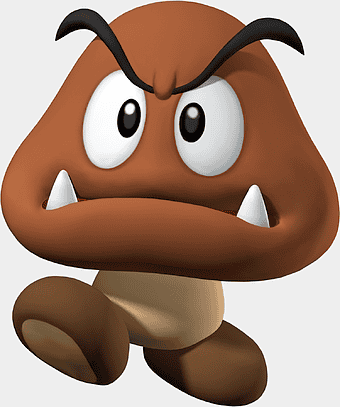 brown cartoon Goomba, Super Mario Bros character, Nintendo gaming icon, Mario Series enemy, cartoon mushroom creature, video game antagonist, classic game enemy