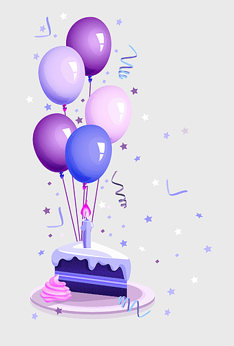 Happy Birthday cake with balloons, purple and pink party decorations, birthday greeting card design, festive birthday celebration, cartoon birthday cake slice, celebratory cake with candle, whimsical party balloons
