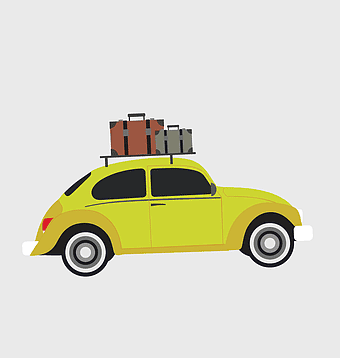 yellow Volkswagen Beetle, vintage car travel, compact car luggage, road trip vehicle, classic car animation, retro car design, travel adventure car