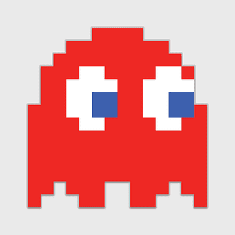 Ms. Pac-Man ghost character, Pac-Man video game ghosts, red ghost sprite, Ms. Pac-Man arcade game, pixel art retro gaming, classic arcade characters, ghostly adventures game art
