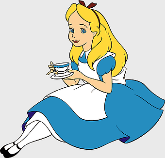 Alice in Wonderland illustration, Alice sitting with tea cup, Wonderland character scene, Alice's Adventures in Wonderland, whimsical fantasy art, magical tea party moment, fairy tale heroine visual