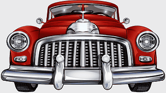 vintage car poster, classic car grille, retro automotive design, full size vintage vehicle, antique car illustration, classic car bumper details, mid size car vintage style